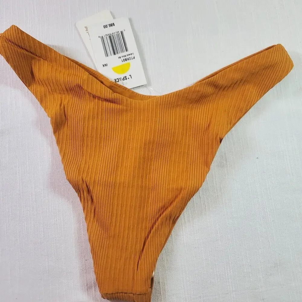 L*Space Cabana Bitsy Bikini Bottom Ribbed Orange Mustard Yellow Swimsuit NWT S